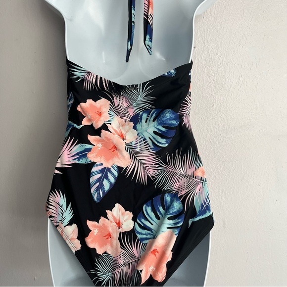 DKNY Ladies Halter Shirred Tropical Black Coral One Piece Swimsuit XL - Picture 12 of 16